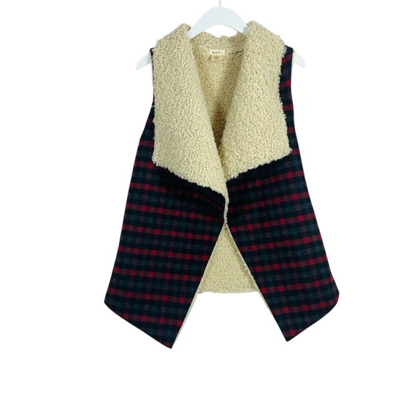 RUYI Sherpa Lined Open Front Plaid Vest One Size - Picture 10 of 16